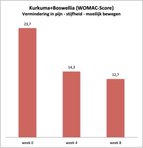 Gemiddelde score voor pijn en stijfheid na 0 – 4 – 8 weken gebruik van de kurkuma met boswellia.